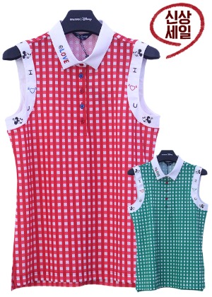 디즈니 골프 체크 무늬 여성 민소매 여름 카라 티셔츠 DK2LTS034